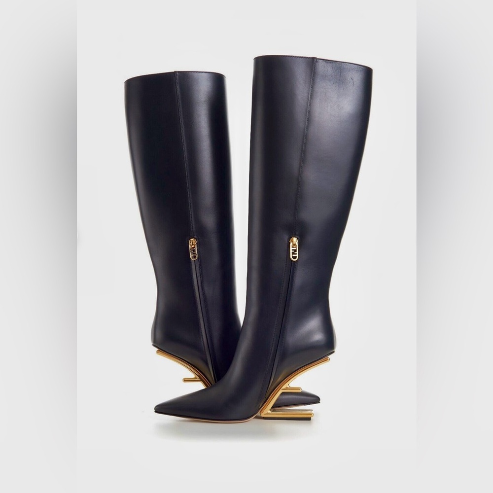 Fendi Calfskin F-Heel Tall Boots -
Black - Picture 4 of 7